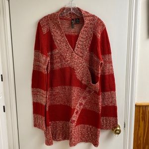 Soft tunic sweater, red Heather stripes, button accent, size 2X by Extra Touch